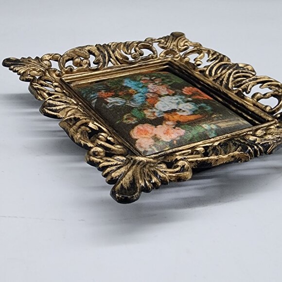 Vintage Ornate Plastic Gold Mini Picture Frame With Floral Satin Fabric 2x2.5 - Picture 10 of 11